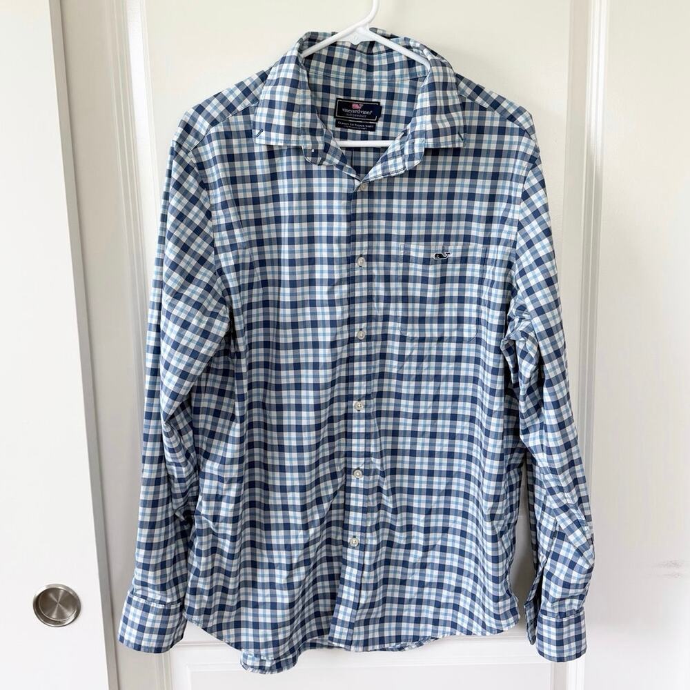 Vineyard Vines Performance Classic Fit Tucker Button Down Shirt Blue Plaid Large